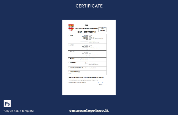certificato di nascita delle Fiji in stile verificato modello Word e PDF
